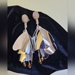 Oscar De La Renta large silver and gold Impatiens clip-on earrings- RARE COLOR